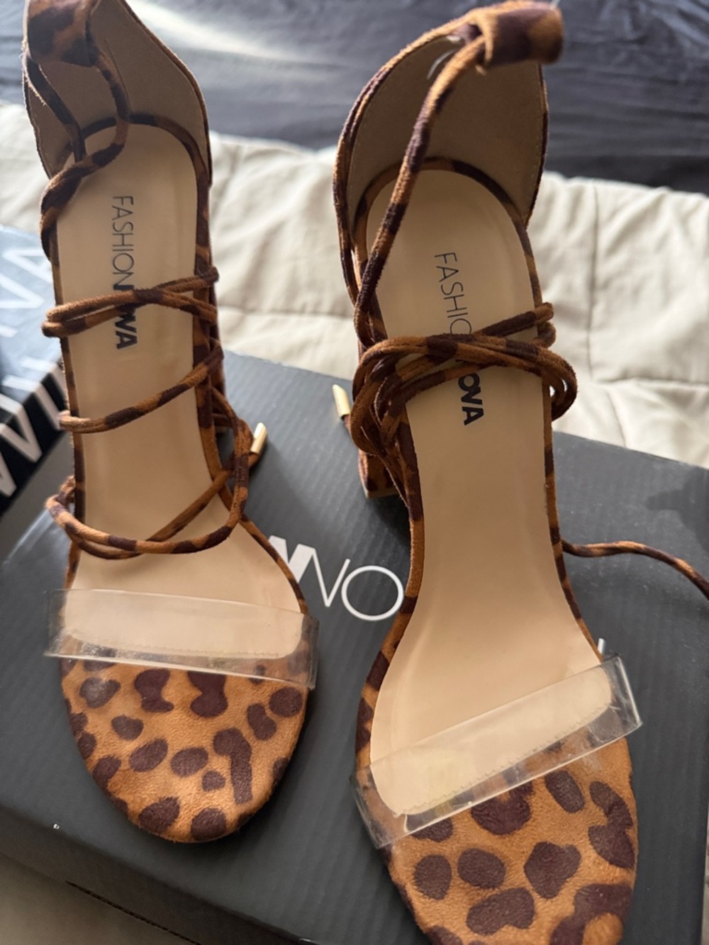 FASHION NOVA Leopard Print Lace-Up Block Heels - Brown/Tan